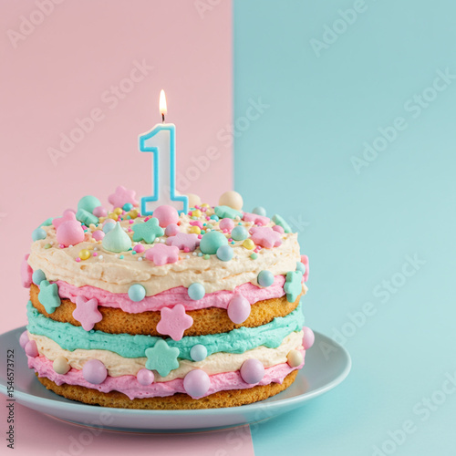 A light-pastel-pink and light-teal-blue birthday cake with a single