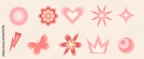 Blur coquette geometric shape with grain noise gradient set. Y2k retro heart, star and circle with flower. Colorful gradation butterfly, crown on beige background. Vector illustration.