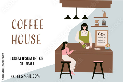 Cozy coffee house scene with people and rustic decor design for cafe menu or poster.