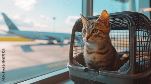 Tabby cat in a pet carrier, at the airport. Airport lounge zone on background, planes in a window on a background.