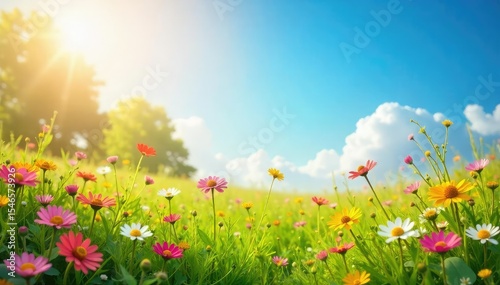 A sunlit meadow bursting with colorful wildflowers, conveying a sense of carefree joy and natural beauty Perfect for themes of serenity, optimism, and well-being , vibrant, landscape, bright