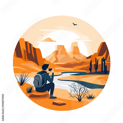Man photographing sunset landscape with mountains and river  