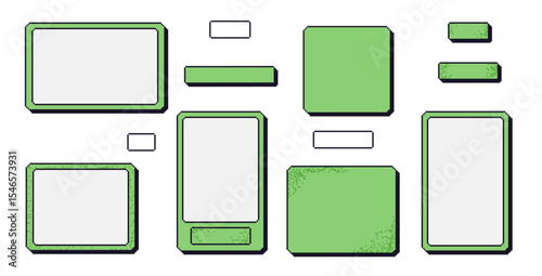 Pixel art frames set. 8 bit geometric borders. Rectangle text boxes in retro 90s style isolated on white background. Digital blanks with buttons. Vector collection illustration.