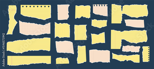 Set of tear edges legal yellow pad papers. Ripped students sheet pieces. Office notebook uneven texture stickers text boxes. Blanks for messages and memo. Vector hand drawn illustration isolated.