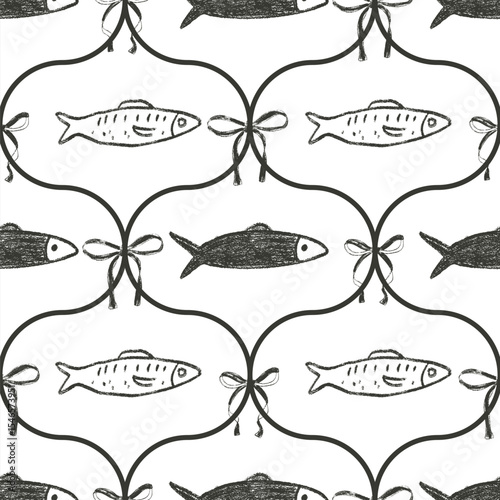 Crayon fish ogee coquette seamless pattern. Sardines hand drawn endless background. Nautical damask repeat cover. Sea continuous ornament. Surface pattern monochrome water motif. Vector illustration.