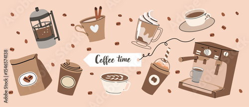 Coffee time with various drinks and accessories for a cozy experience.