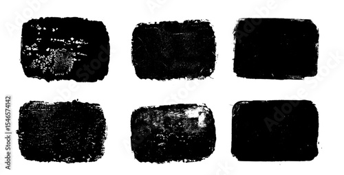 Quotation ink grunge set. Rectangle callout frames. Linocut rolled paint black text boxes tag. Vector handmade brayer stamp smudged texture. Rough paint decorative irregular border.