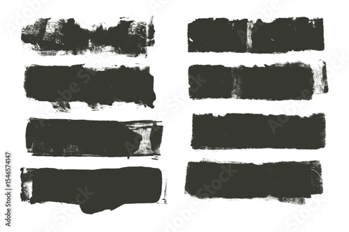 Straight thick grunge underlines. Linocut rolled brush stroke set. Handmade ink rectangle rough stamps. Vector black paint lines shapes. Dry marker or brayer smear textures Irregular figures