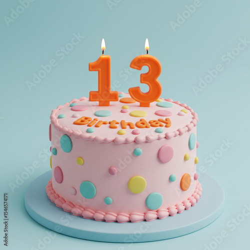 A round birthday cake, decorated with light pink frosting