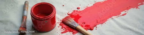 A well-worn paintbrush rests beside a half-empty can of vibrant, bright red paint, ready for the next artistic endeavor Perfect for DIY, art, and craft projects , fine arts, paint can, vibrant