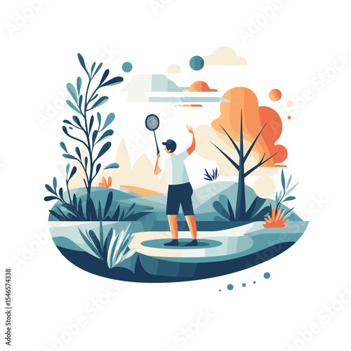 Young man playing badminton in nature with colorful trees and plants  