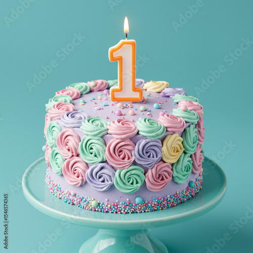 A single-tiered birthday cake, centered in the image, is decorated