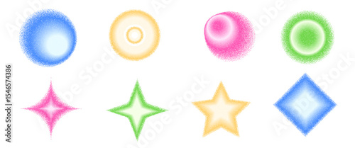 Grain color gradient geometric shape set. Y2k noise circle with stars forms. Colorful round and spark icons on white background. Trendy effect textured figures. Vector gritty neon colors illustration.
