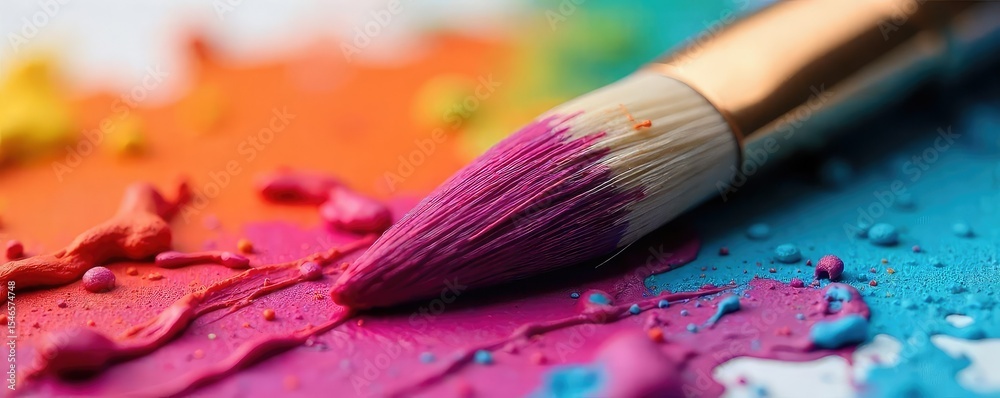Fototapeta premium Close-up shot of paintbrush bristles saturated with vibrant paint, ready to create artwork The texture and color are richly displayed , colorful, palette