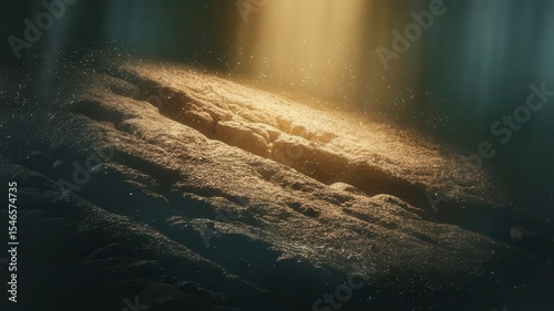 Ethereal underwater scene with sun rays illuminating rocky seabed landscape