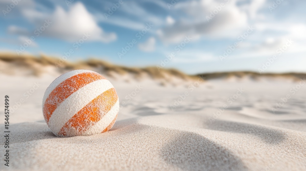 Obraz premium A vibrant striped beach ball rests on a sandy beach, capturing the essence of summer fun and leisure, inviting playful moments and sun-soaked adventures by the shore.