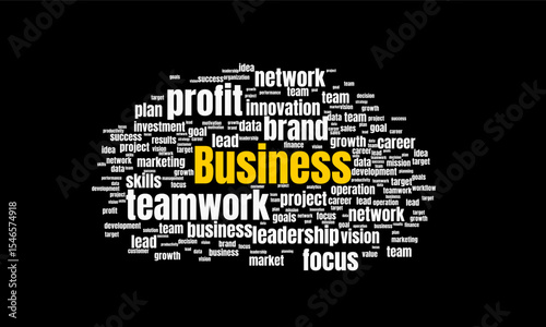Business Word Cloud with Keywords Like Decision, Sales, and Data on Black Background