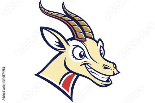 Bold springbok mascot displays a toothy grin and prominent horns against a clean white backdrop