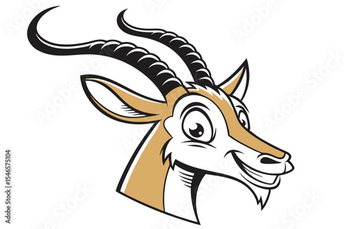 Cartoon antelope head features large, curved horns with big eyes and friendly smile