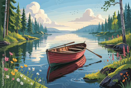A serene landscape featuring a red rowboat floating on a calm lake, surrounded by lush green forests and colorful wildflowers. The sky is partly cloudy with a soft sunrise or sunset glow