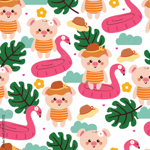 cute hand drawing cartoon pig with summer vibes seamless pattern. cute animal pattern in white background for gift warp paper and wallpaper