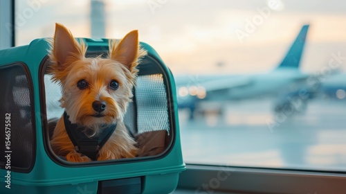 Cute little doggy in a pet carrier, at the airport. Airport lounge zone on background.
