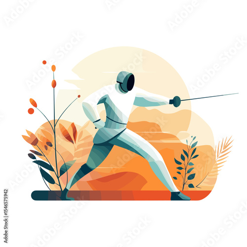 Fencer in action with sword surrounded by plants in abstract style  