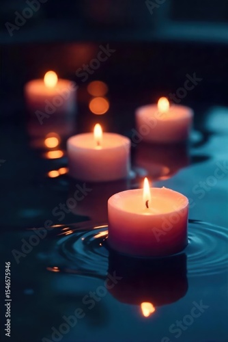 Serene floating candles illuminate a dark still water surface, creating a magical and tranquil atmosphere Perfect for spa, relaxation, meditation, and wellness themes , dark background, serenity