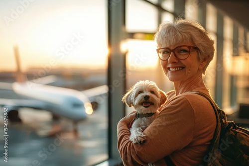 Senior woman with little happy dog in her hands stands in airport lounge zone. Airport lounge zone on background.