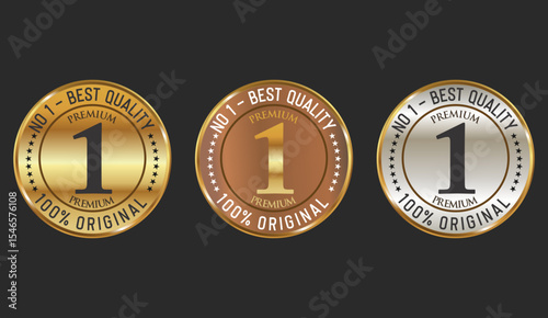 Number 1 Best Quality label in gold bronze and silver stock illustration