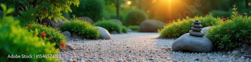 Serene zen garden scene at dawn, featuring carefully raked gravel, smooth stones, and lush green plants A perfect image for mindfulness, peace, and tranquility , plants, stones