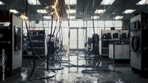 Damaged interior building after electrical fire flood and structural damage flooded workspace and damaged electrical equipment