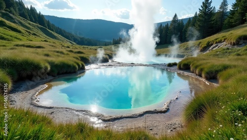 Steaming geothermal hot springs bubbling in a lush green landscape Perfect for travel, nature, and relaxation themes Ideal for websites, brochures, and travel guides , heat, scenery, mineral water