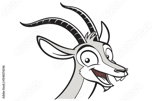 Playful cartoon antelope smiles widely revealing its teeth and prominent horns on a white backdrop