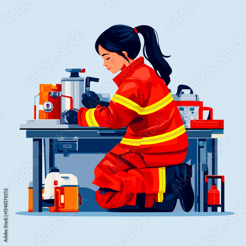 Female firefighter working on equipment at a workshop table  