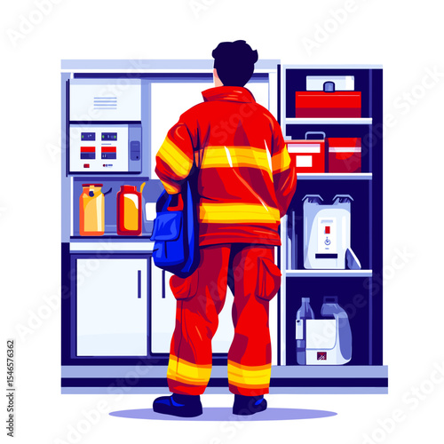 Firefighter inspecting equipment in uniform by storage cabinet  