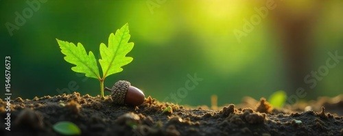 Vibrant green oak leaves sprout around a tiny acorn, symbolizing new growth and the cycle of life in nature Perfect for spring, nature, and environmental themes , wallpaper, acorn