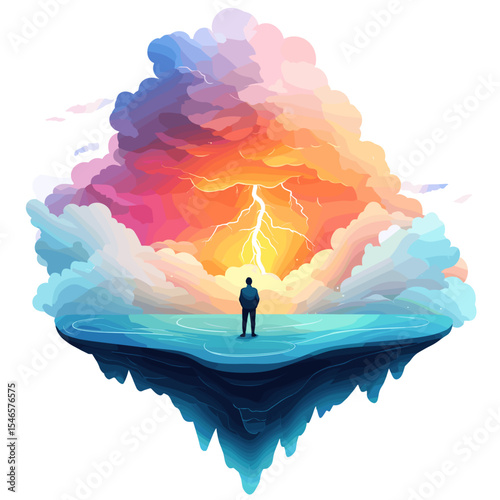 Man standing on floating island under colorful stormy sky  