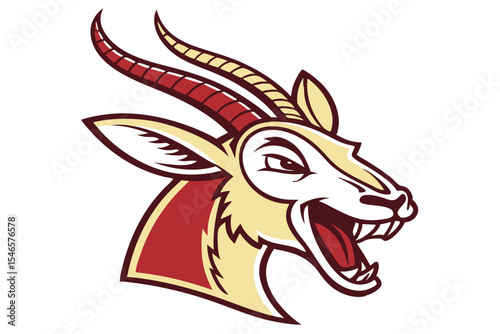 Fierce gazelle head with prominent horns and open mouth demonstrates a determined expression