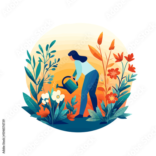 Young woman watering indoor plants while kneeling on the floor  