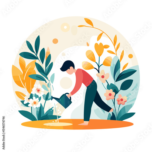 Young woman watering indoor plants while kneeling on the floor  