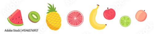 Fruit border flat design. Fresh raw fruits in a line. Frame design element. Watermelon slice, kiwi, pineapple, grapefruit, banana, apple, lime, peach. Cute summer repeat design. Healthy food theme.