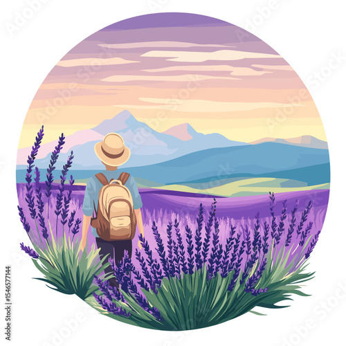 Man standing in lavender field admiring mountains at sunset  