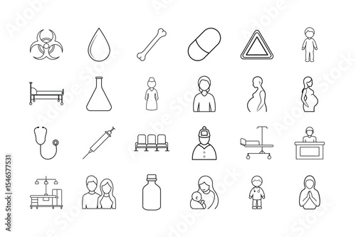 Hospital Signage Glyph Icon Set - High-Quality Medical, Healthcare, and Emergency Icons including Syringe, Stethoscope, Doctor, Nurse, Pill, Hospital Bed, and More, thin linear illustration.