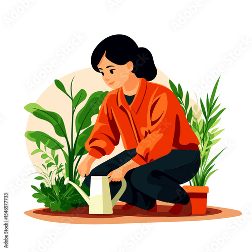 Young woman watering indoor plants while kneeling on the floor  