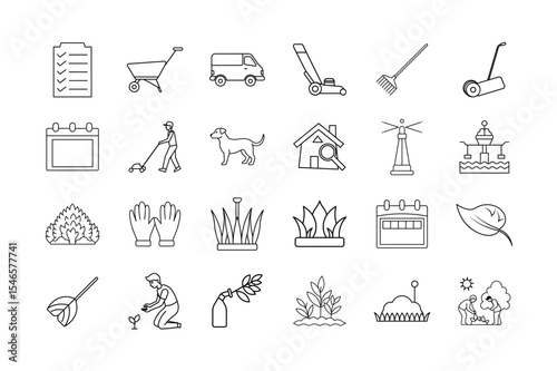Lawn Care Service Line Icon Set . High-Quality Illustrations of Gardening, Landscaping, Lawn Mowing, Tools, Plants, Watering, and More for Lawn Care Services and Gardening Business