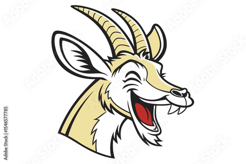 Cartoon antelope head with golden fur shows a wide, toothy grin on a white background