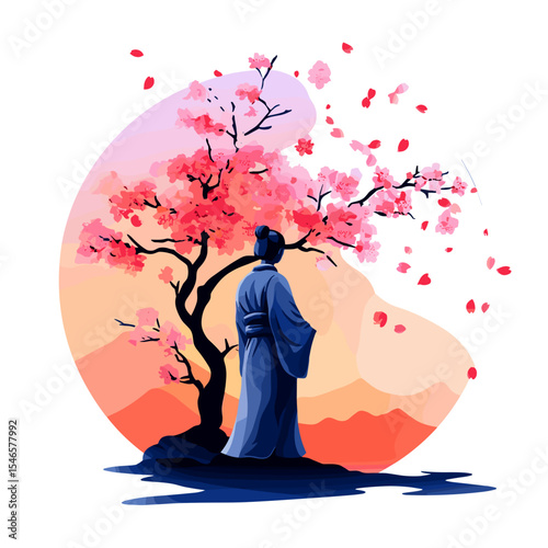 Woman in traditional kimono standing by cherry blossom tree  