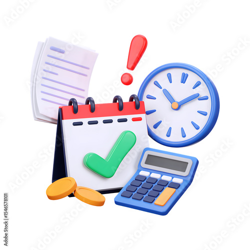 3D tax deadline with documents, calendar and clock icon isolated on transparent background. 3d rendering Cartoon plastic style. PNG file, cut out