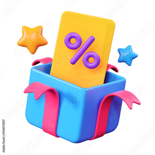 3d gift box with yellow discount voucher icon isolated on transparent background. 3d rendering Cartoon plastic style. PNG file, cut out